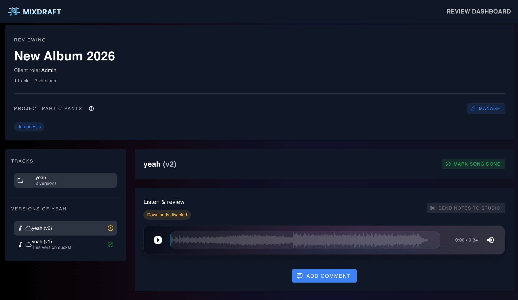 Client review portal with tracks and versions