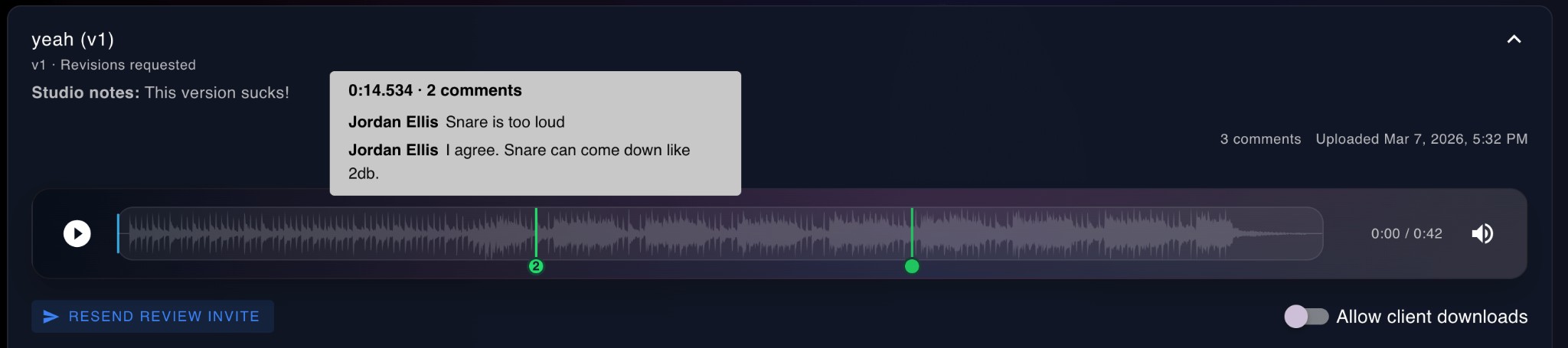 Waveform review with timestamped comments